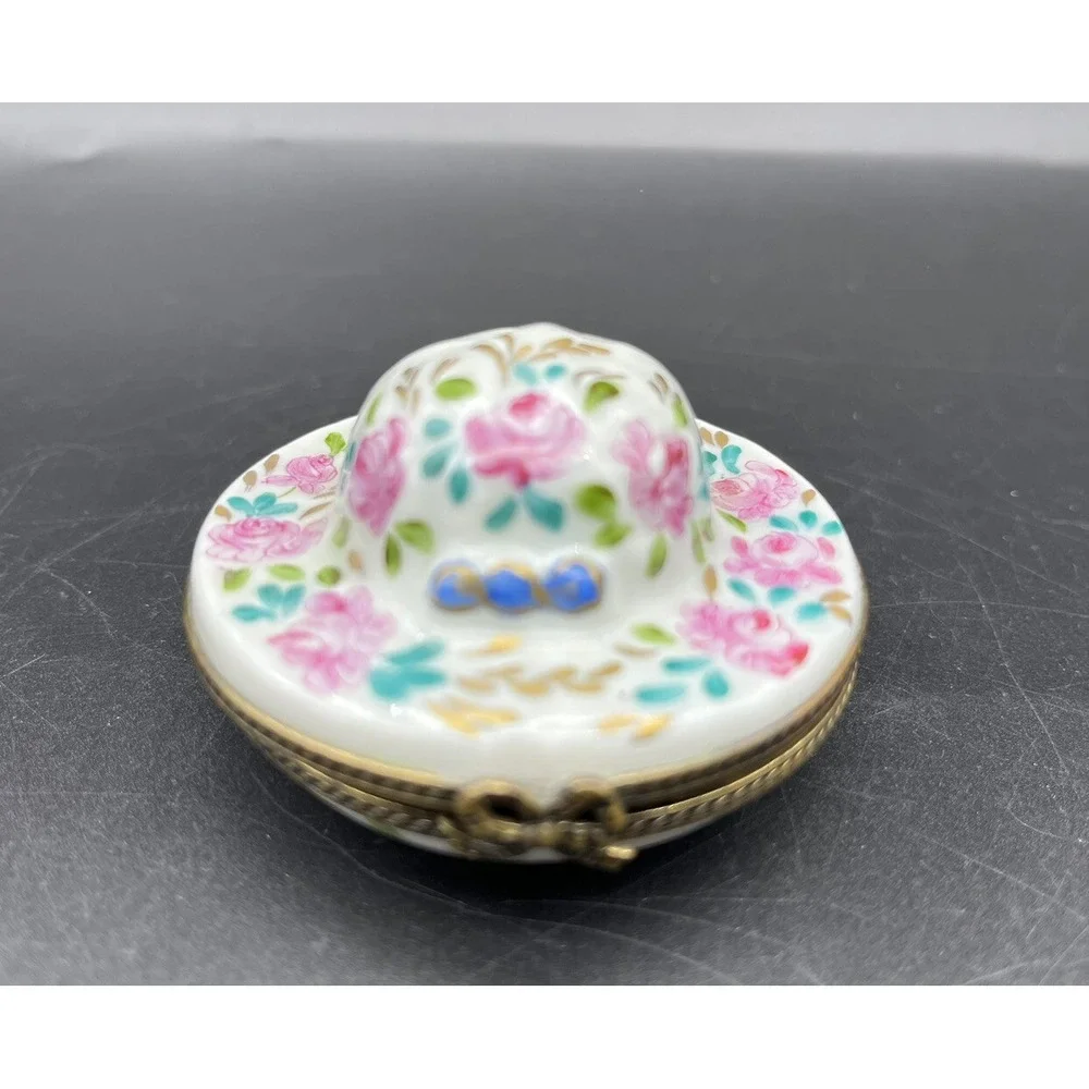 Vintage LIMOGES France Peint a la Main SUN Hat TRINKET BOX Floral Signed